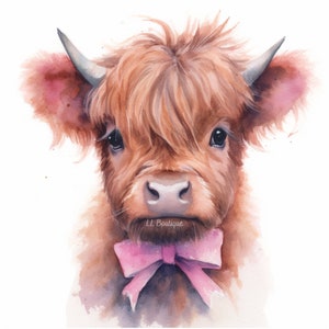 4 Watercolor Images Showing a Baby Highland Cow, .PNG file, Cow Art Decor for House, Nursery Art, Wall Decor, Baby Highland Cow, Cow Nursery 画像 4