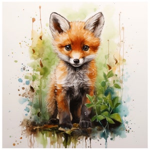 4 Watercolor Woodland Forest Baby Fox Images, .PNG file, Baby Room Art, Nursery Art, Woodland Forest Baby Animal image, Nursery Decor image 3