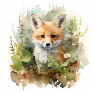 4 Watercolor Woodland Forest Baby Fox Images, .PNG file, Baby Room Art, Nursery Art, Woodland Forest Baby Animal image, Nursery Decor image 1