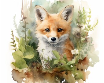 4 Watercolor Woodland Forest Baby Fox Images, .PNG file, Baby Room Art,  Nursery Art, Woodland Forest Baby Animal image, Nursery Decor