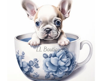 Cute Watercolor French Bulldog Boy Puppy in Tea Cup, .PNG files, Frenchie Art,  Pink Nursery Art, Wall Decor, Frenchie Puppy, Cute Dog