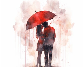 4 Watercolor Lovers in the Rain, .PNG file, Bedroom Art, Office Art, Romantic Art, Home Decor,  POD