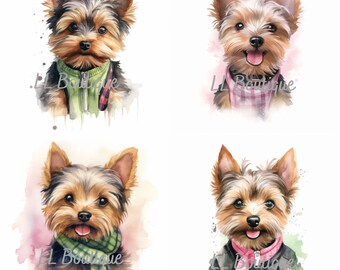 4 Watercolor Male Yorkie Images, .PNG file, Dog Art,  Nursery Art, Wall Decor, Yorkshire Terrier image, Yorkie design, Yorkie Portrait