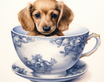 Adorable Dachshund Boy Puppy in Tea Cup .PNG files, Dachshund Art,  Dachshund Bathroom Art, Wall Decor, Bathroom Decor, Dog Lover, Datsun