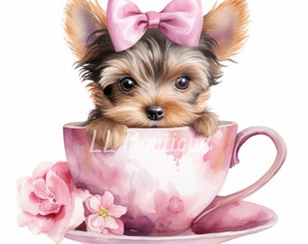 Cute Watercolor Yorkie Girl Puppy in Tea Cup, .PNG files, Yorkie Art,  Pink Nursery Art, Wall Decor, Yorkie Puppy Art, Cute Puppy, Cute Dog