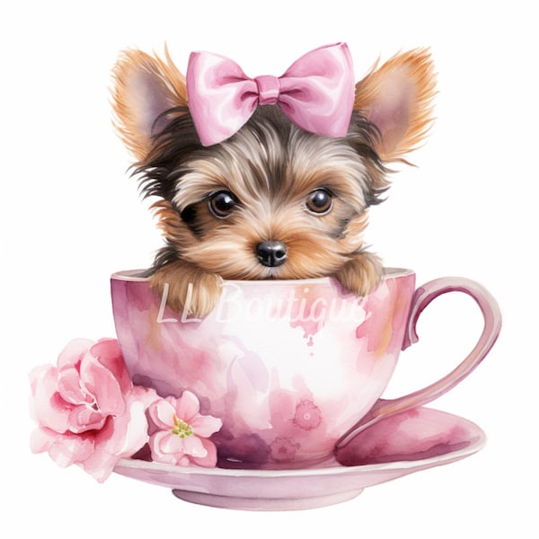 Cute Watercolor Yorkie Girl Puppy in Tea Cup, .PNG files, Yorkie Art,  Pink Nursery Art, Wall Decor, Yorkie Puppy Art, Cute Puppy, Cute Dog