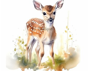 4 Watercolor Woodland Forest Bambi Images, .PNG file, Baby Room Art,  Nursery Art, Woodland Forest Baby Deer image, Nursery Decor,  POD