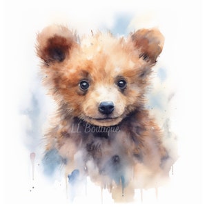4 Watercolor Woodland Forest Baby Bear Images, .PNG file, Baby Room Art, Nursery Art, Woodland Forest Baby Bear, Nursery Decor, POD image 1