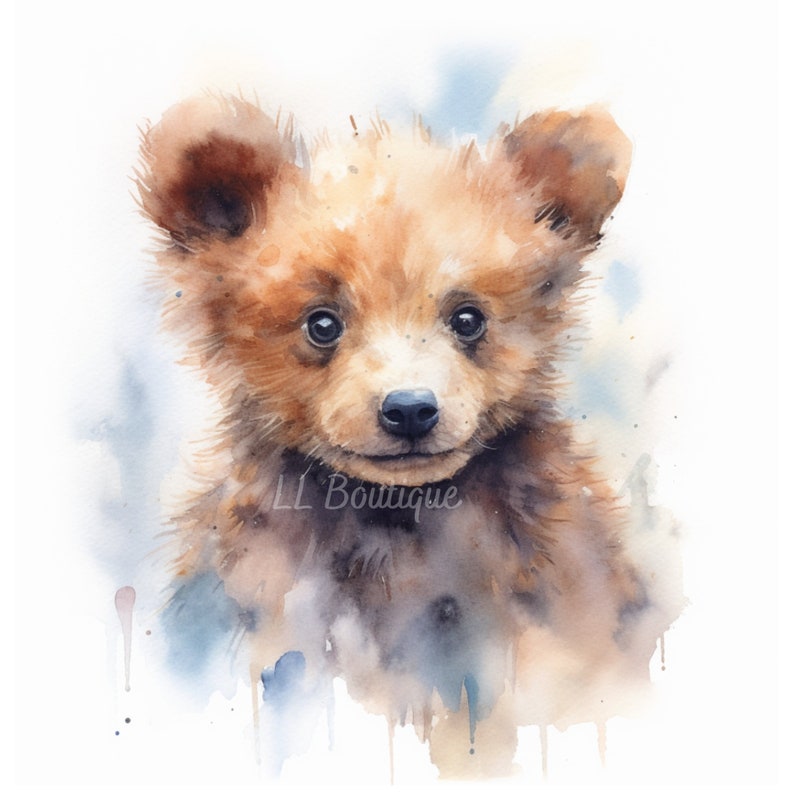 4 Watercolor Woodland Forest Baby Bear Images, .PNG file, Baby Room Art, Nursery Art, Woodland Forest Baby Bear, Nursery Decor, POD image 1