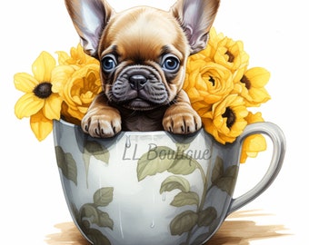 Adorable French Bulldog Puppy in Tea Cup with Sunflowers .PNG files, Frenchie Image,French Bulldog Picture, Bathroom Art, Fall Sunflower