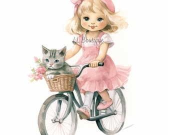 4 Watercolor Girl on Bike Images, .PNG file, Baby Room Art, Child's Room Art, Young Girl on Bike with Puppy, Nursery Decor,  POD