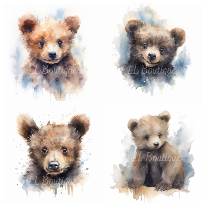 4 Watercolor Woodland Forest Baby Bear Images, .PNG file, Baby Room Art, Nursery Art, Woodland Forest Baby Bear, Nursery Decor, POD image 4