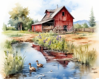 4 Watercolor Rustic Barn and Duck Pond Images, .PNG file, Rustic Art,  Country and Barn Art, Rustic Barn Clipart, Home Decor, Country Decor