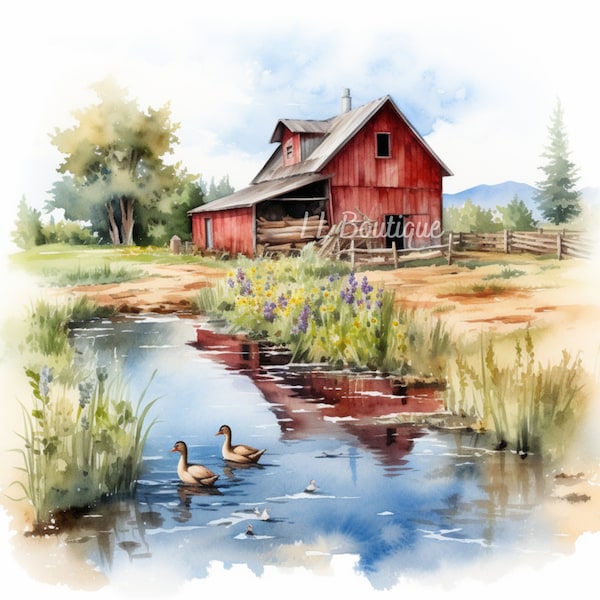 4 Watercolor Rustic Barn and Duck Pond Images, .PNG file, Rustic Art,  Country and Barn Art, Rustic Barn Clipart, Home Decor, Country Decor