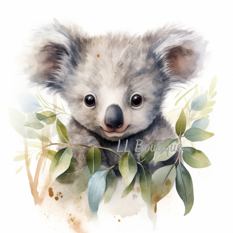 4 Watercolor Woodland Forest Koala Bear Images, .PNG file, Baby Room Art, Nursery Art, Woodland Forest Baby Animal image, Nursery Decor 画像 4