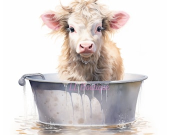 Cute Watercolor Baby Highland Cow in Bath, .PNG files, Cow Art,  Bathroom Art, Wall Decor, Hyland Baby Cow Art, Bathroom Decor, Bath Art