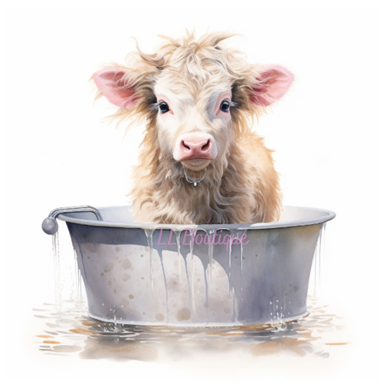 Cute Watercolor Baby Highland Cow in Bath, .PNG files, Cow Art, Bathroom Art, Wall Decor, Hyland Baby Cow Art, Bathroom Decor, Bath Art image 1