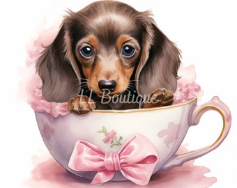 Cute Watercolor Dachshund Girl Puppy in Tea Cup, .PNG file, Dachshund Art,  Pink Nursery Art, Wall Decor, Dachshund Puppy Design, Puppy