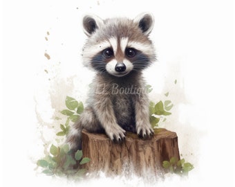 4 Watercolor Woodland Forest Raccoon Images, .PNG file, Baby Room Art,  Nursery Art, Woodland Forest Raccoon image, Nursery Decor, POD
