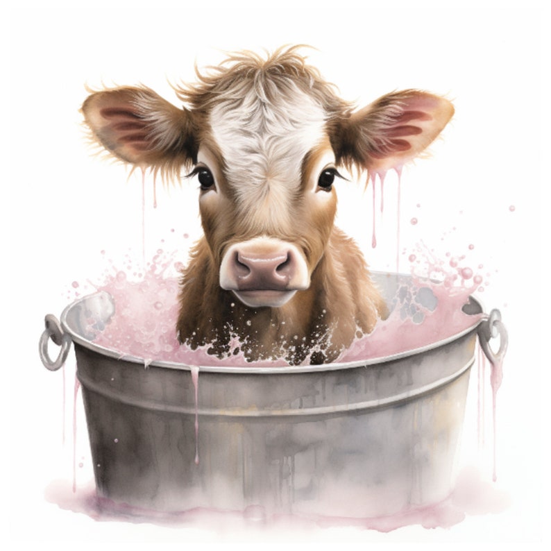 Cute Watercolor Baby Highland Cow in Bath, .PNG files, Cow Art, Bathroom Art, Wall Decor, Hyland Baby Cow Art, Bathroom Decor, Bath Art image 2