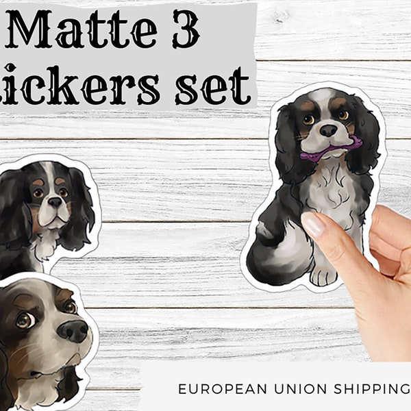 Zestaw 3 matowe naklejki pies Cavalier King Charles Spaniel / zestaw naklejek psy / naklejki psa / naklejka piesek