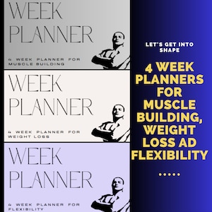 May include: A fitness-themed graphic with three "Week Planner" designs for muscle building, weight loss, and flexibility. Each design features a silhouette of a person and the text "4 Week Planner". The background is a gradient of white, gray, and purple.