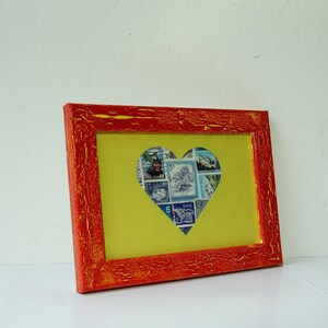 Regalo de compromiso personalizado, corazón pintado con sellos postales vintage, felicitaciones, decoración hecha a mano, tamaño A5 16x21 cm, A6 13x18 cm.