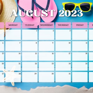 Printable August 2023 Monthly Calendar Beachy Summer Vibes