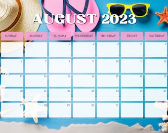 Printable August 2023 Monthly Calendar Beachy Summer Vibes