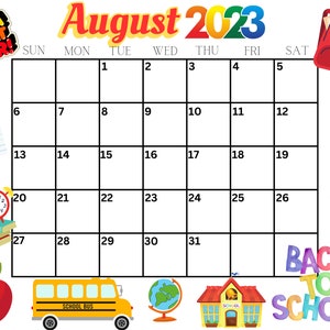 August Printable Monthly Calendar- Back To School