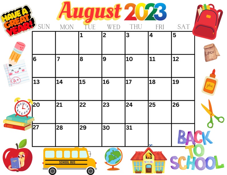 August Printable Monthly Calendar Back to School Etsy