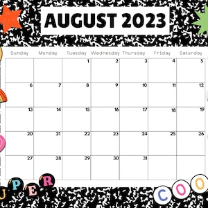 Quirky School Notebook Printable August 2023 Monthly Calendar