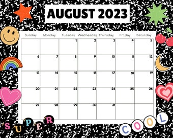 Quirky School Notebook Printable August 2023 Monthly Calendar