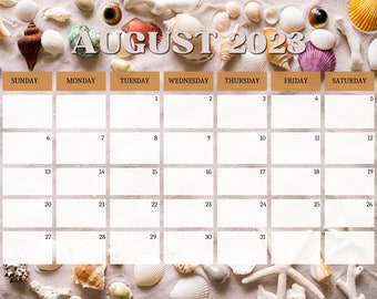 Printable Monthly August 2023 Calendar Sandy Beach Seashells