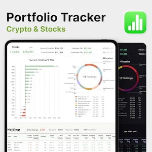 Op de afbeelding: Een screenshot van een portfolio-tracker-app die een cirkeldiagram met 17 holdings, een staafdiagram dat de huidige holdings en het percentage winst en verlies laat zien, en een tabel met de dagelijkse verandering, de topwinnaar, de topverliezer en de uitgevoerde transacties toont. De app houdt crypto en aandelen bij.