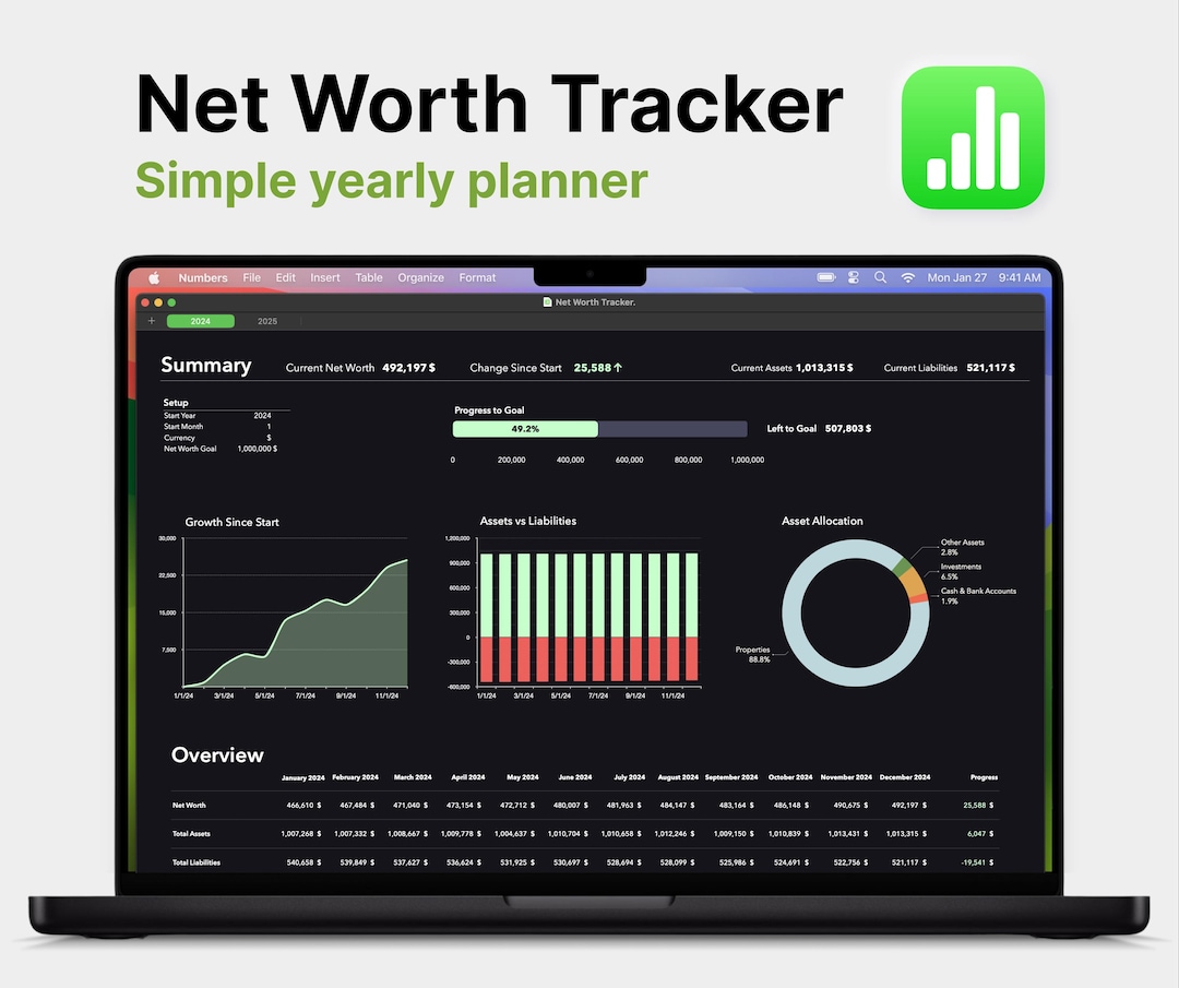 Net Worth Tracker Template: Personal Finance Planner for Apple Numbers ...
