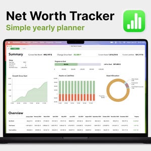 May include: A laptop screen displaying a net worth tracker application. The application shows a summary of current net worth, assets, liabilities, and asset allocation. The application also includes a graph showing growth since start and a table showing an overview of net worth over time.