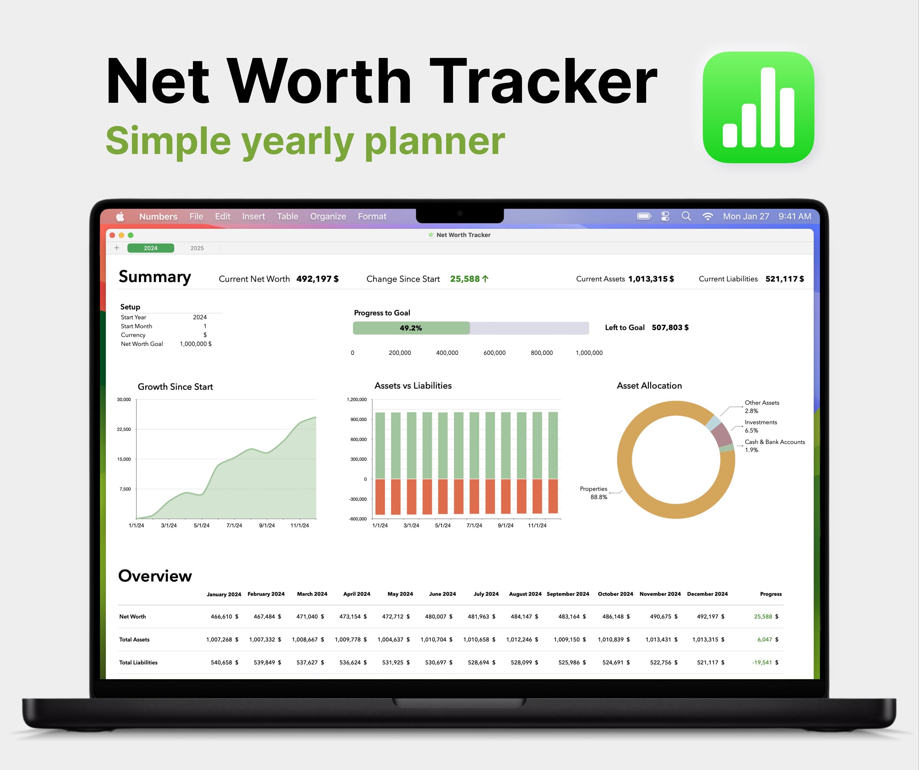 Apple Numbers Net Worth Tracker: Personal Finance Planner (Digital Download)