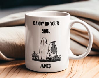 Candy or Your Soul Ghost Mug, Personalized Halloween Coffee Mug, Cute Spooky Ghost Cup, Fall Aesthetic Mug,Trick or Treat Gift,Pumpkin Retro