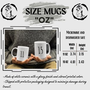 Puede incluir: Dos tazas de cer&aacute;mica blanca con acabado brillante, etiquetadas como 11 oz y 15 oz. Una tabla muestra las dimensiones en pulgadas: la taza de 11 oz mide 3.74 pulgadas de ancho y 3.15 de alto, la de 15 oz mide 4.61 de ancho y 3.43 de alto.