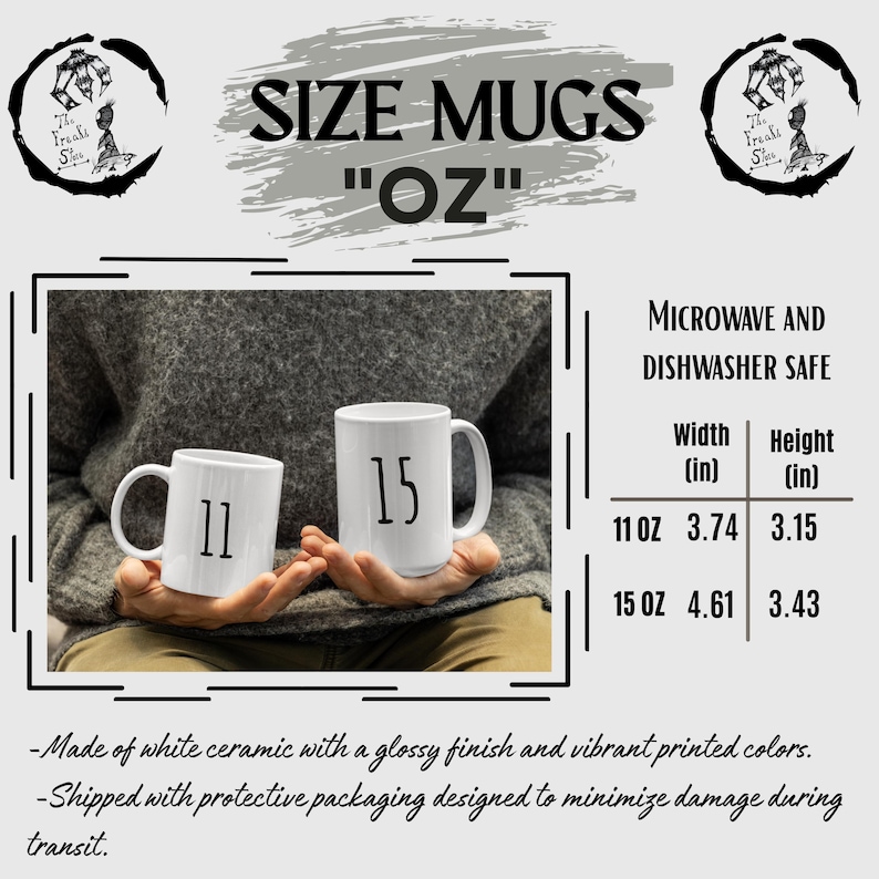Puede incluir: Dos tazas de cer&aacute;mica blanca con acabado brillante, etiquetadas como 11 oz y 15 oz. Una tabla muestra las dimensiones en pulgadas: la taza de 11 oz mide 3.74 pulgadas de ancho y 3.15 de alto, la de 15 oz mide 4.61 de ancho y 3.43 de alto.