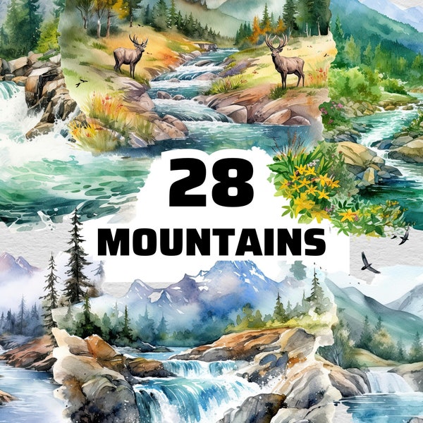 Watercolor Clipart Mountains, Mountain Bundle PNG, Watercolor Mountains PNG, Mountain Forest Watercolor Clipart, Mountain Clipart Bundle