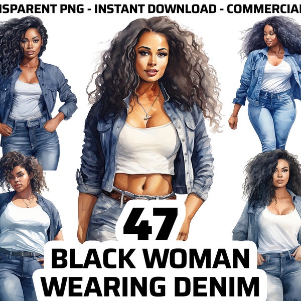 Denim Girl Clipart, Denim Fashion PNG, Black Girl Clipart, Jeans PNG, Girl Jeans Clipart, Fashion Girl Clipart, Afro Girl Clipart, Afro PNG