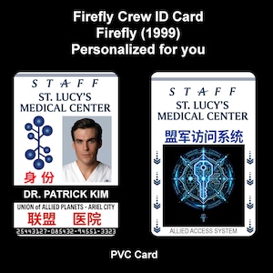 May include: Two rectangular PVC ID cards featuring the text STAFF, ST. LUCY'S MEDICAL CENTER, and UNION OF ALLIED PLANETS - ARIEL CITY. One card displays a portrait of a person, a blue molecular graphic, and the name DR. PATRICK KIM. The other shows a blue digital key icon.