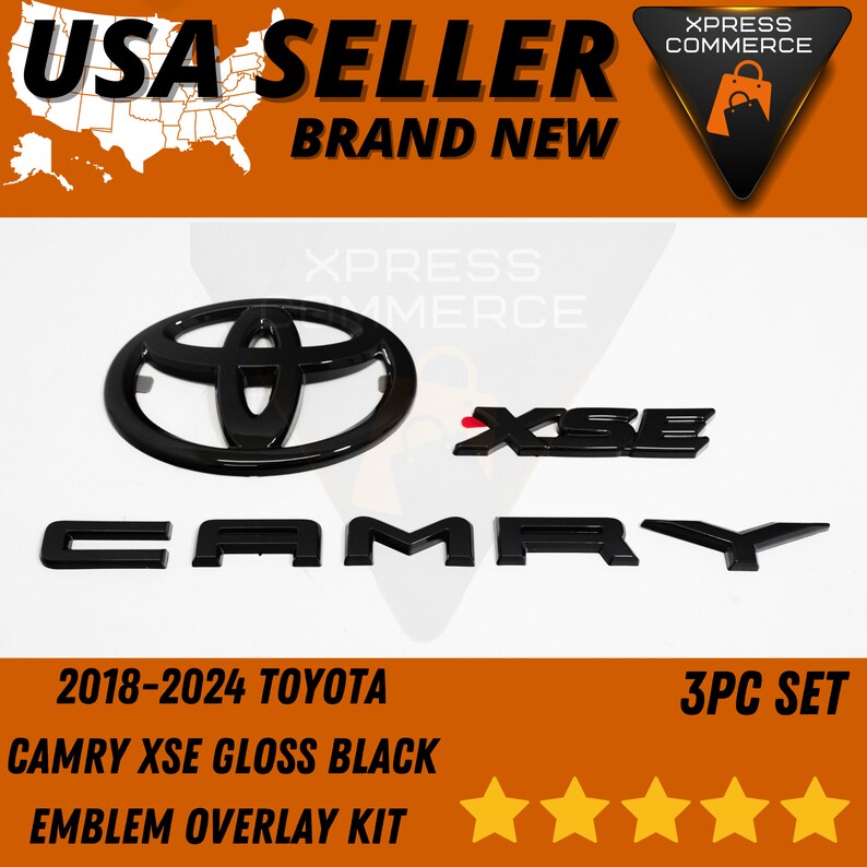 2018-2024 Toyota Camry XSE Gloss Black Emblem Badge Overlay Kit 3PC Set ...