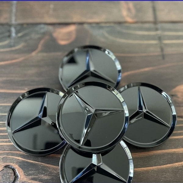 Set of 5 glossy black wheel hub center caps for mercedes-benz 4+1 for spare 75mm brand new amg wreath