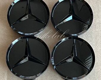 Set of 4 fits almost all mercedes benz 75mm black gloss amg wheel center hub rim caps emblem