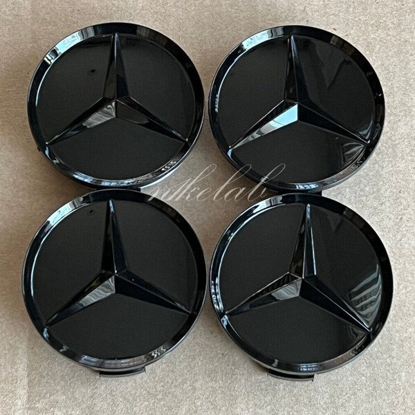 4er Set passend für fast alle Mercedes benz 75mm schwarz glanz amg Radmitte Nabenkappen Emblem