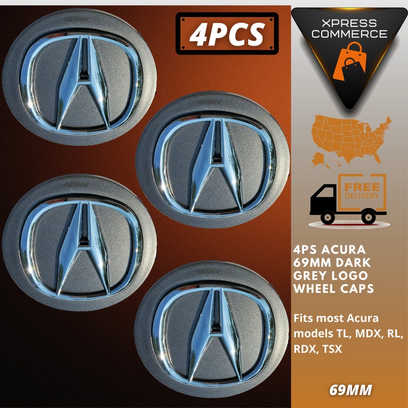 4-Piece 69mm Acura Wheel Center Cap Set - Gray & Chrome Logo, Remanufactured