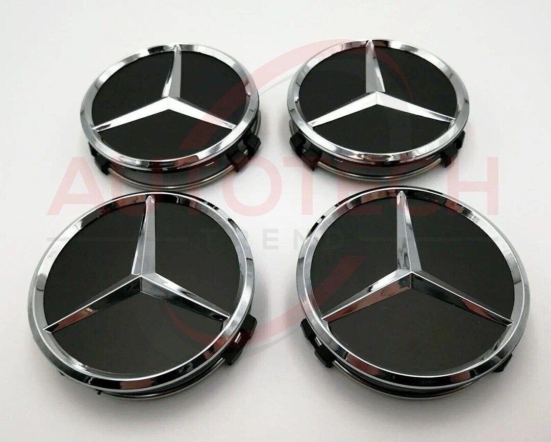 Set of 4 Mercedes-benz Black/chrome Wheel Center Caps 75mm Amg Wreath ...